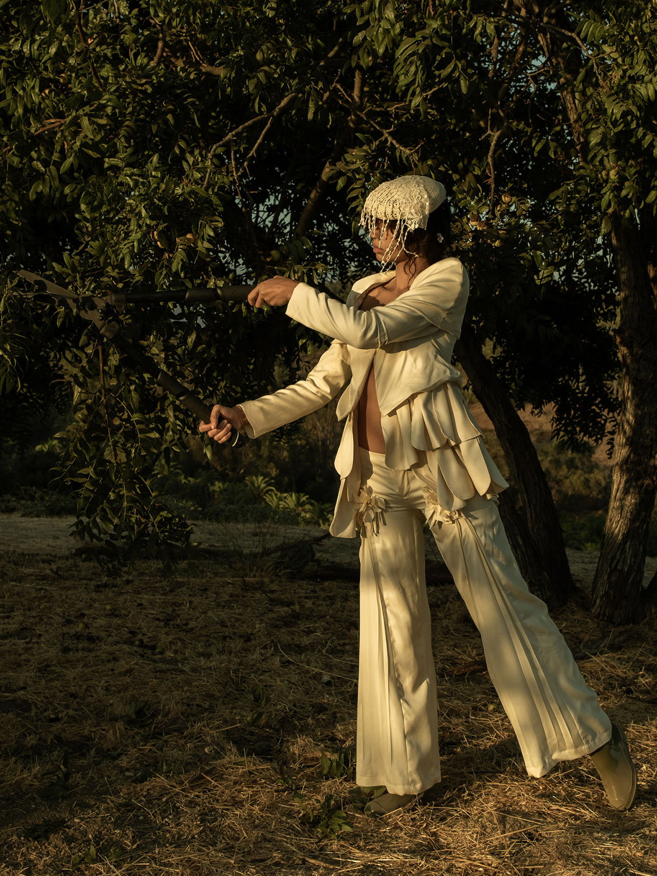 Myus Petal Blazer and Pleated Flower Trousers, silk noil, color natural