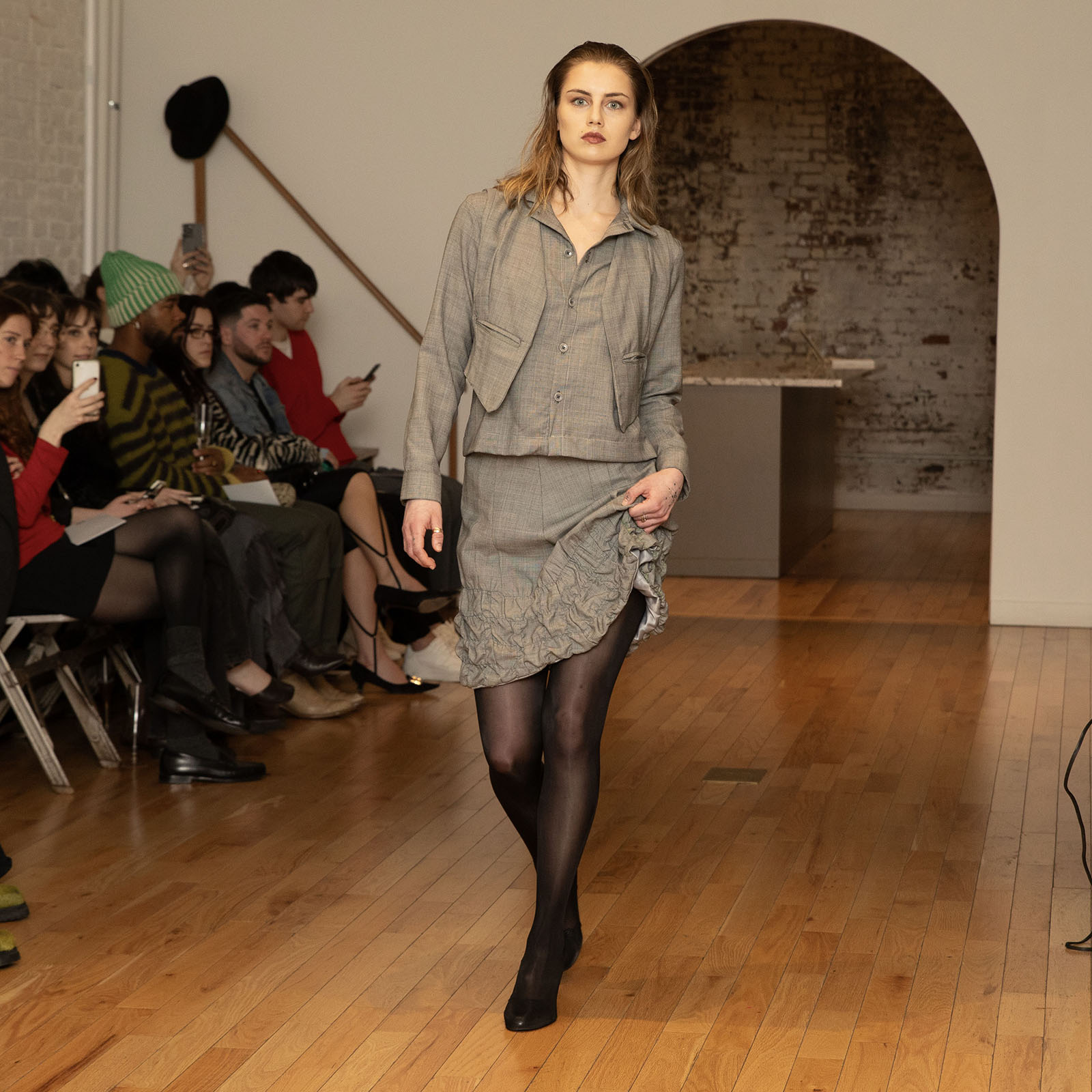 Myus Charleston Mini Skirt and Lansing Vest Shirt, super 140 wool, color light grey