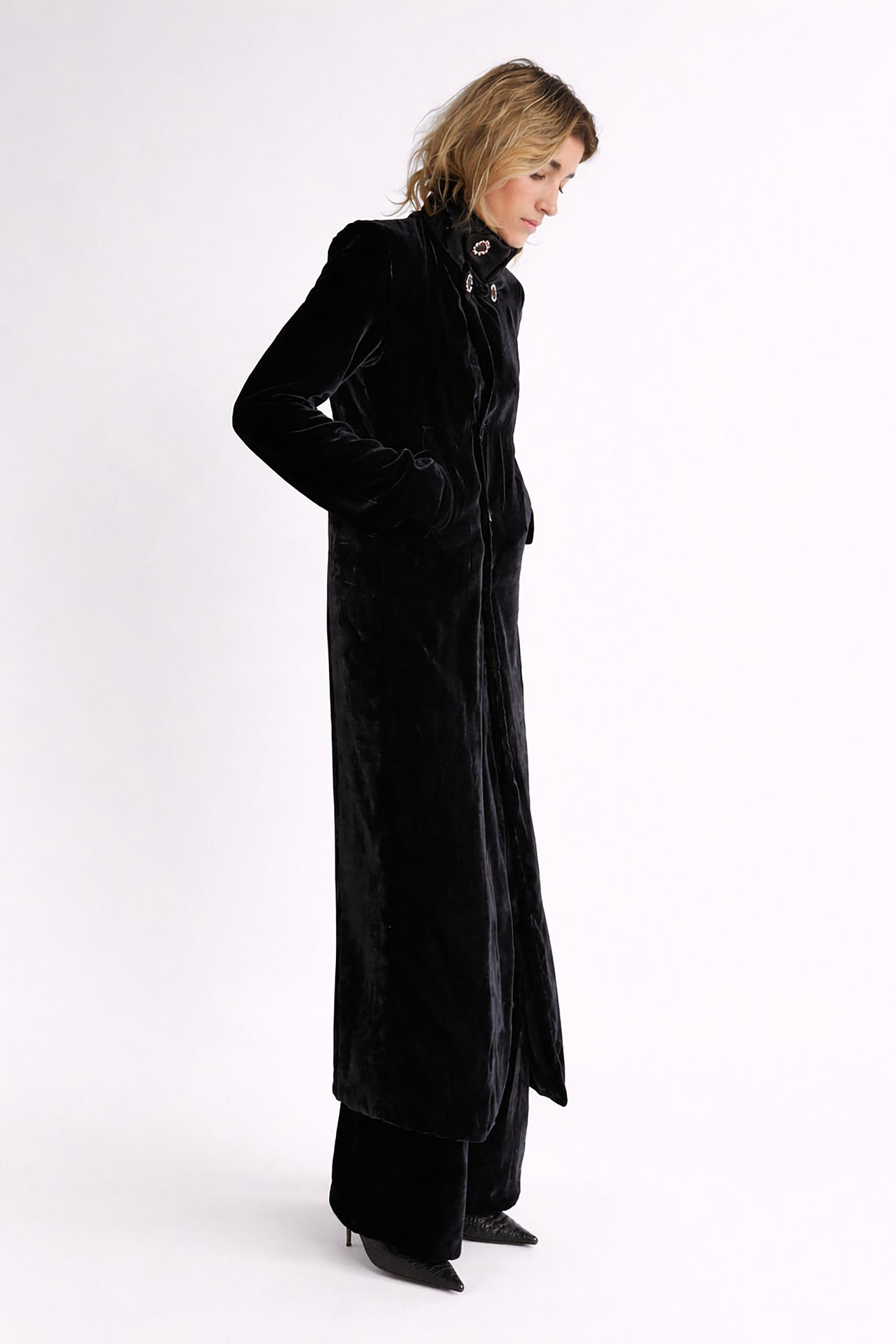 Myus FW26 Arden Evening Coat, mulberry silk velvet