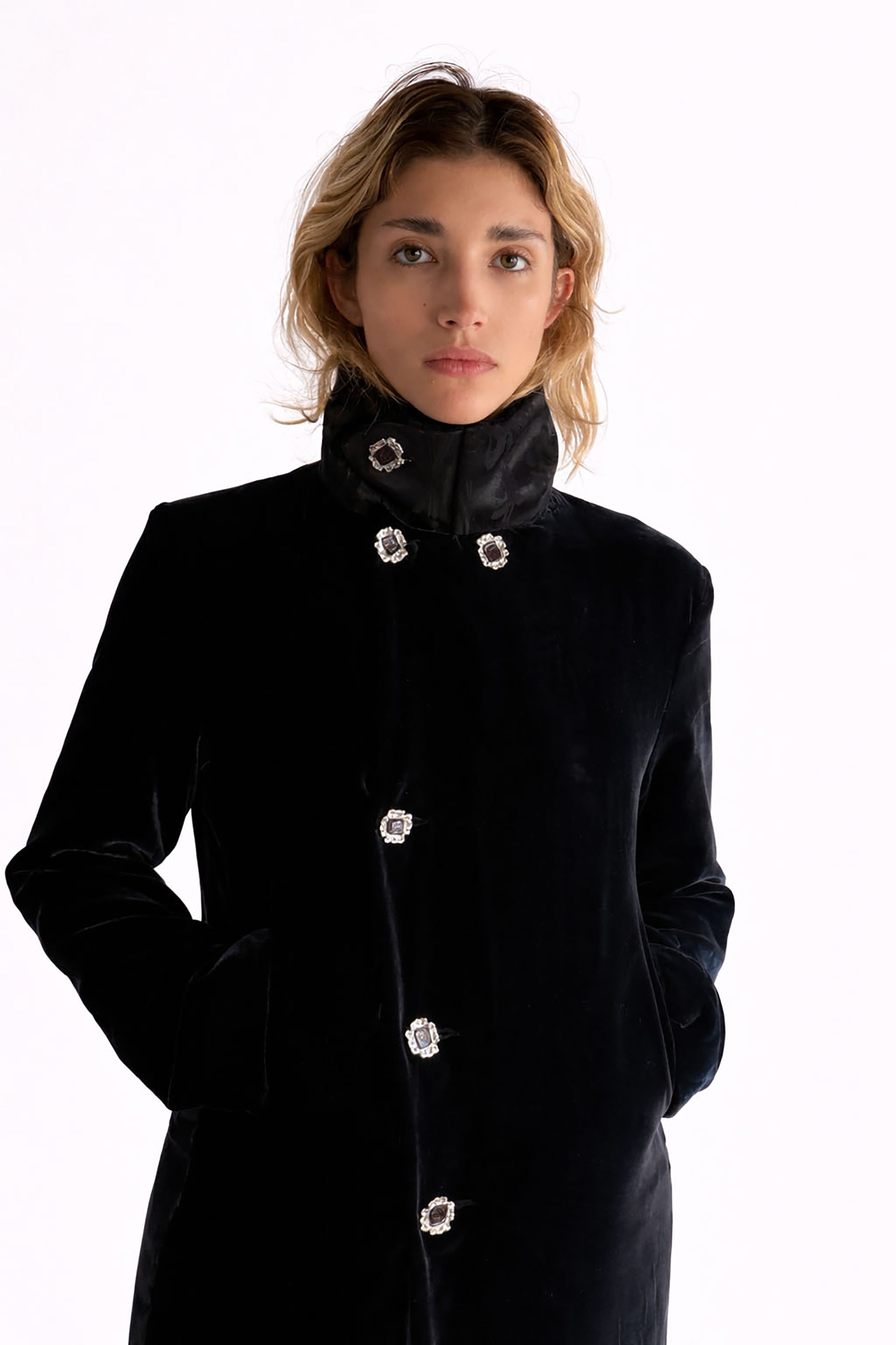 Myus FW26 Arden Evening Coat, mulberry silk velvet
