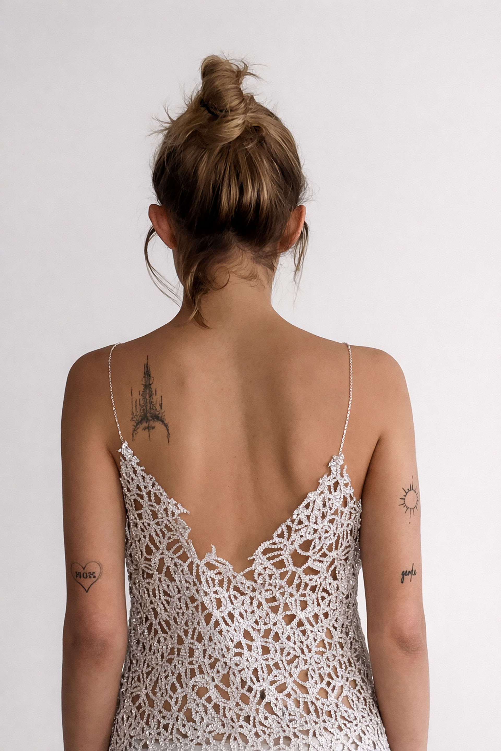 Myus FW26 Eden Midi Dress, handworked couture lace and sterling silver straps