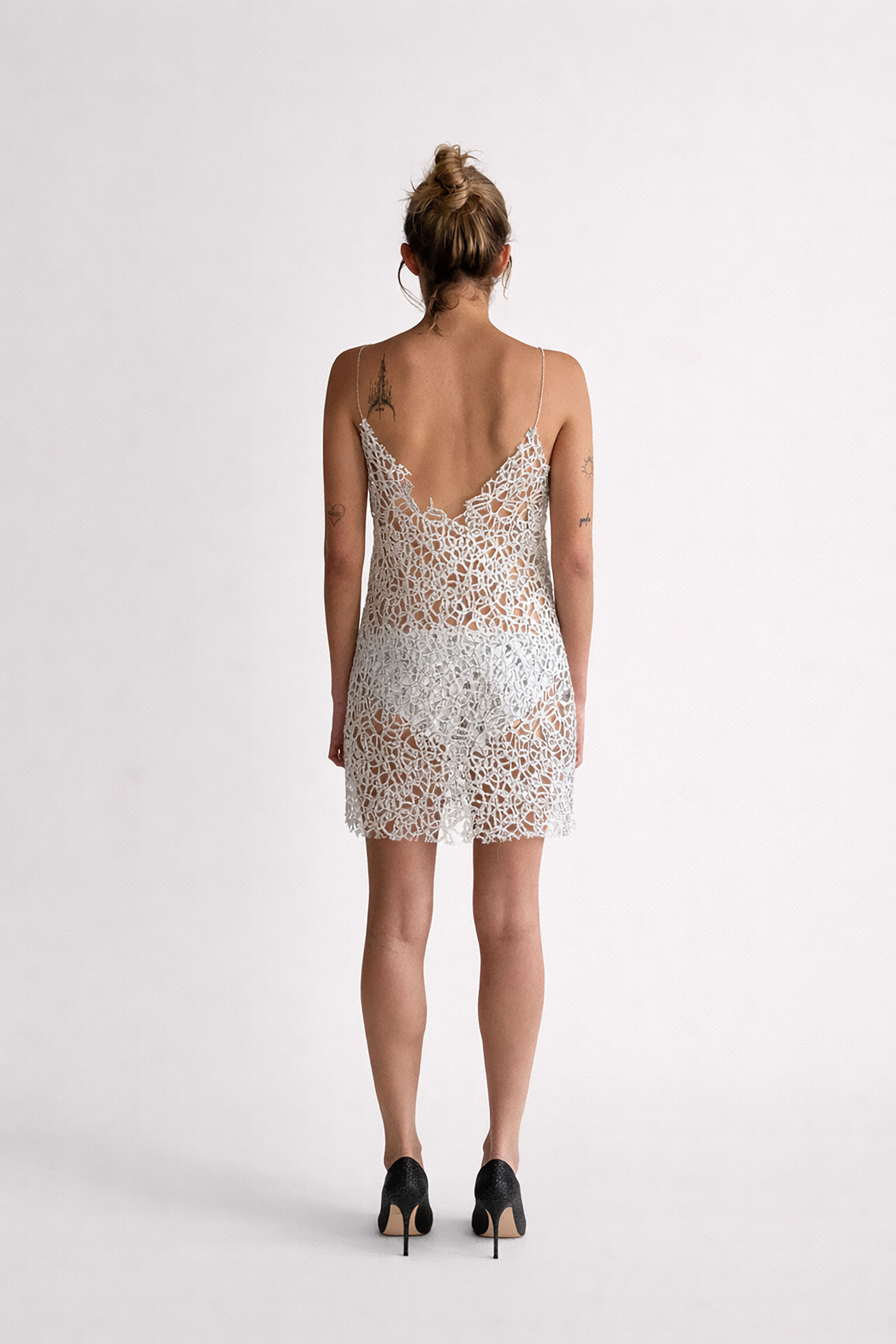 Myus FW26 Eden Midi Dress, handworked couture lace and sterling silver straps