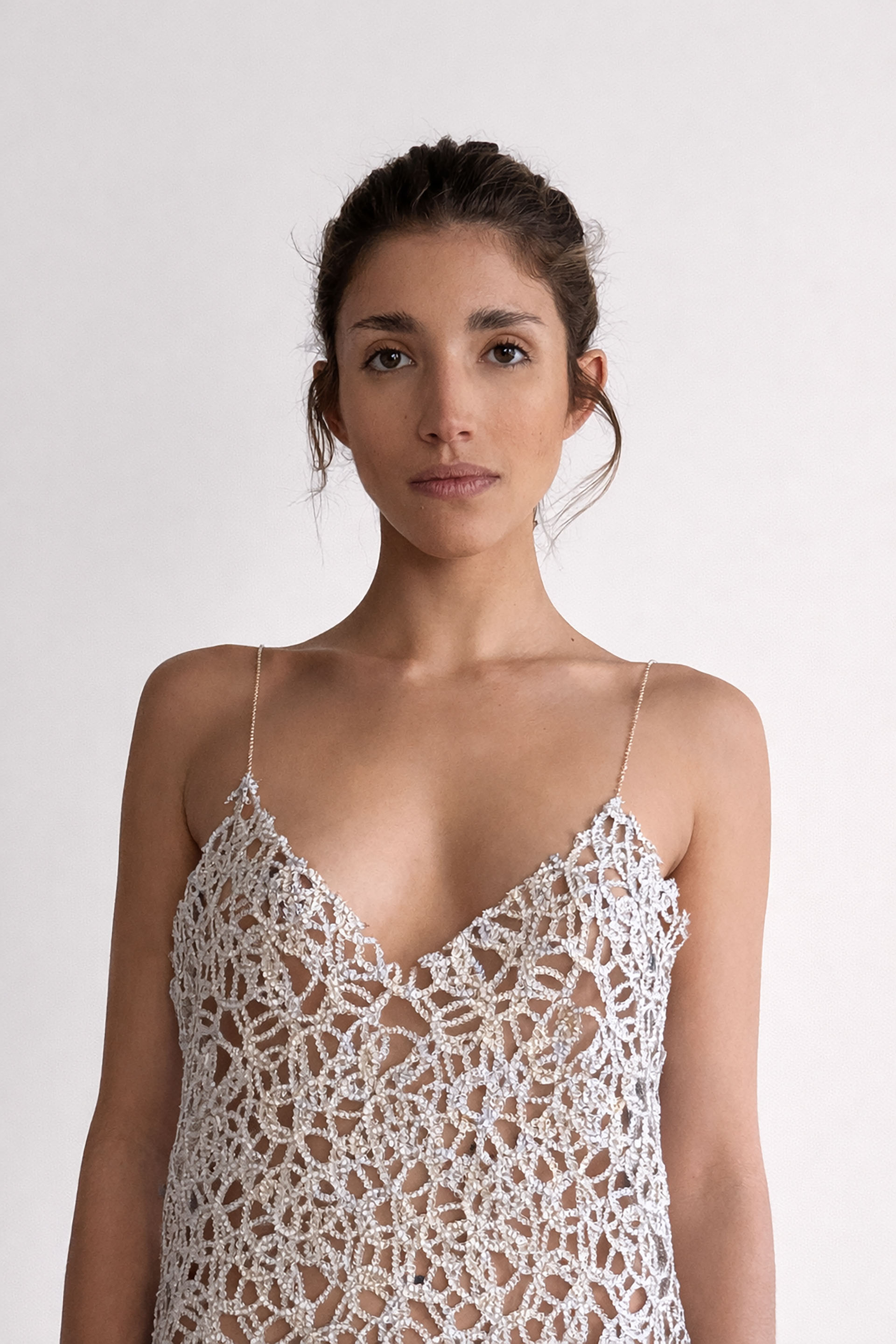 Myus FW26 Eden Midi Dress, handworked couture lace and sterling silver straps