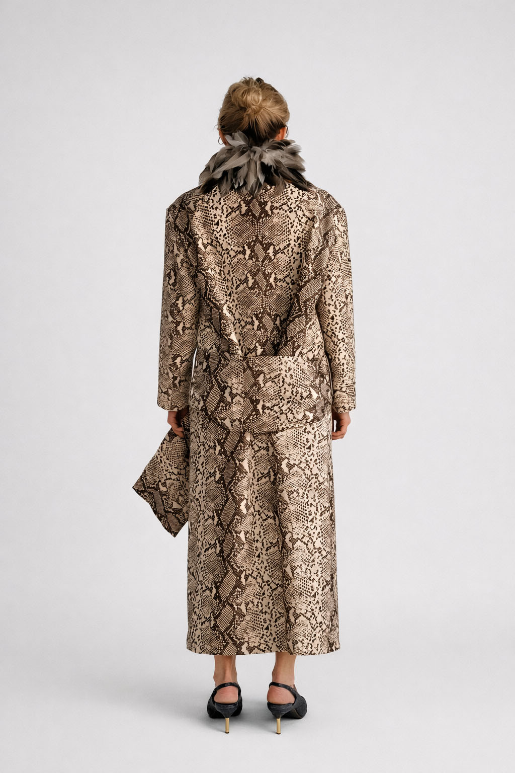 Myus FW26 Python Coat, python embossed calfskin leather handsewn guinea feathers