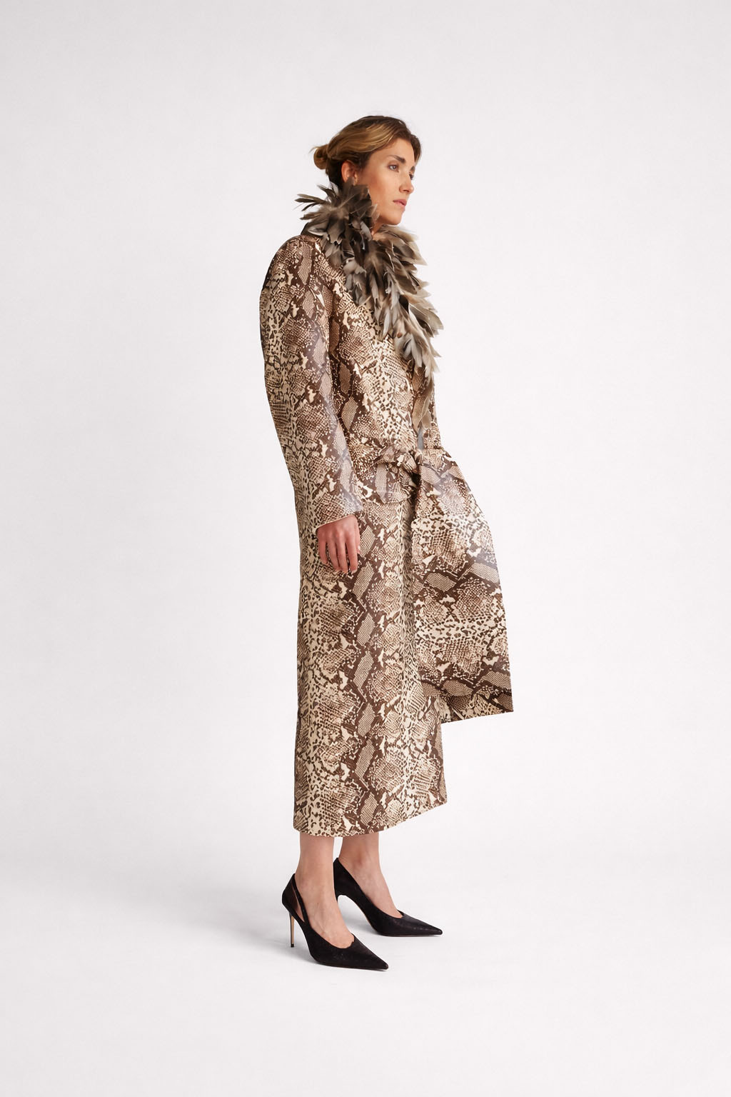 Myus FW26 Python Coat, python embossed calfskin leather handsewn guinea feathers