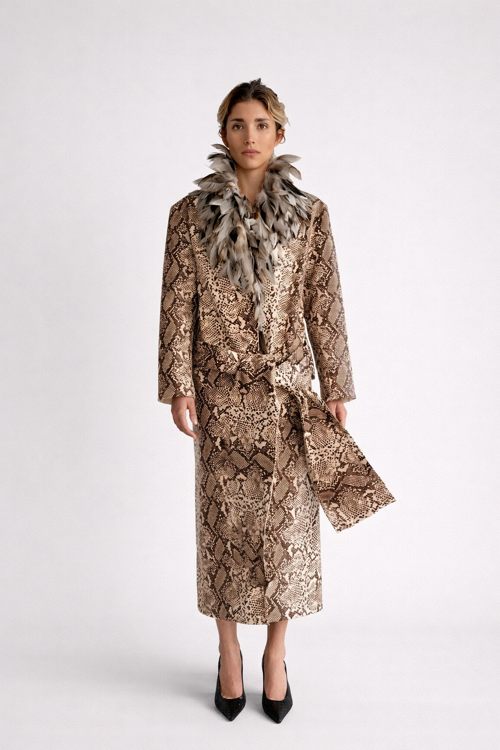 Myus FW26 Python Coat, python embossed calfskin leather handsewn guinea feathers