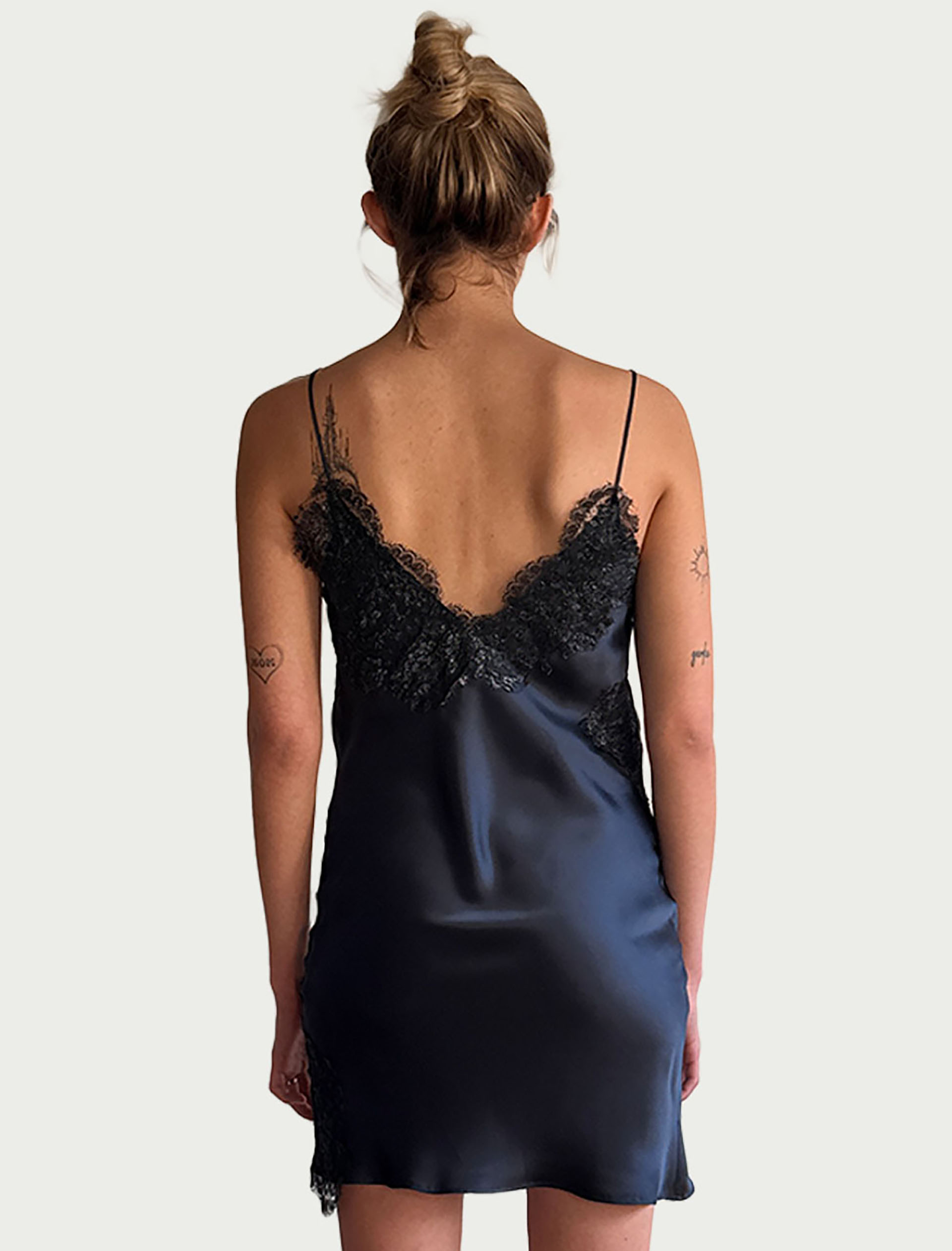 Myus FW26 Simone Slip Midi Dress, silk charmeuse and french lace