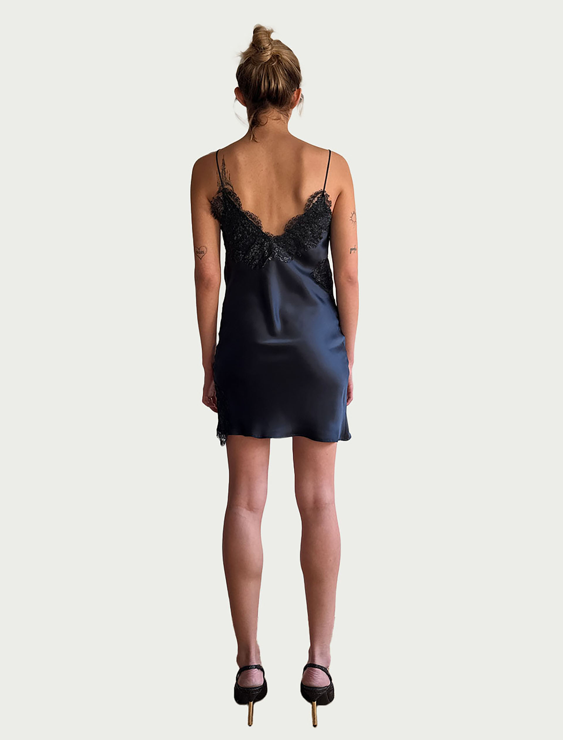 Myus FW26 Simone Slip Midi Dress, silk charmeuse and french lace