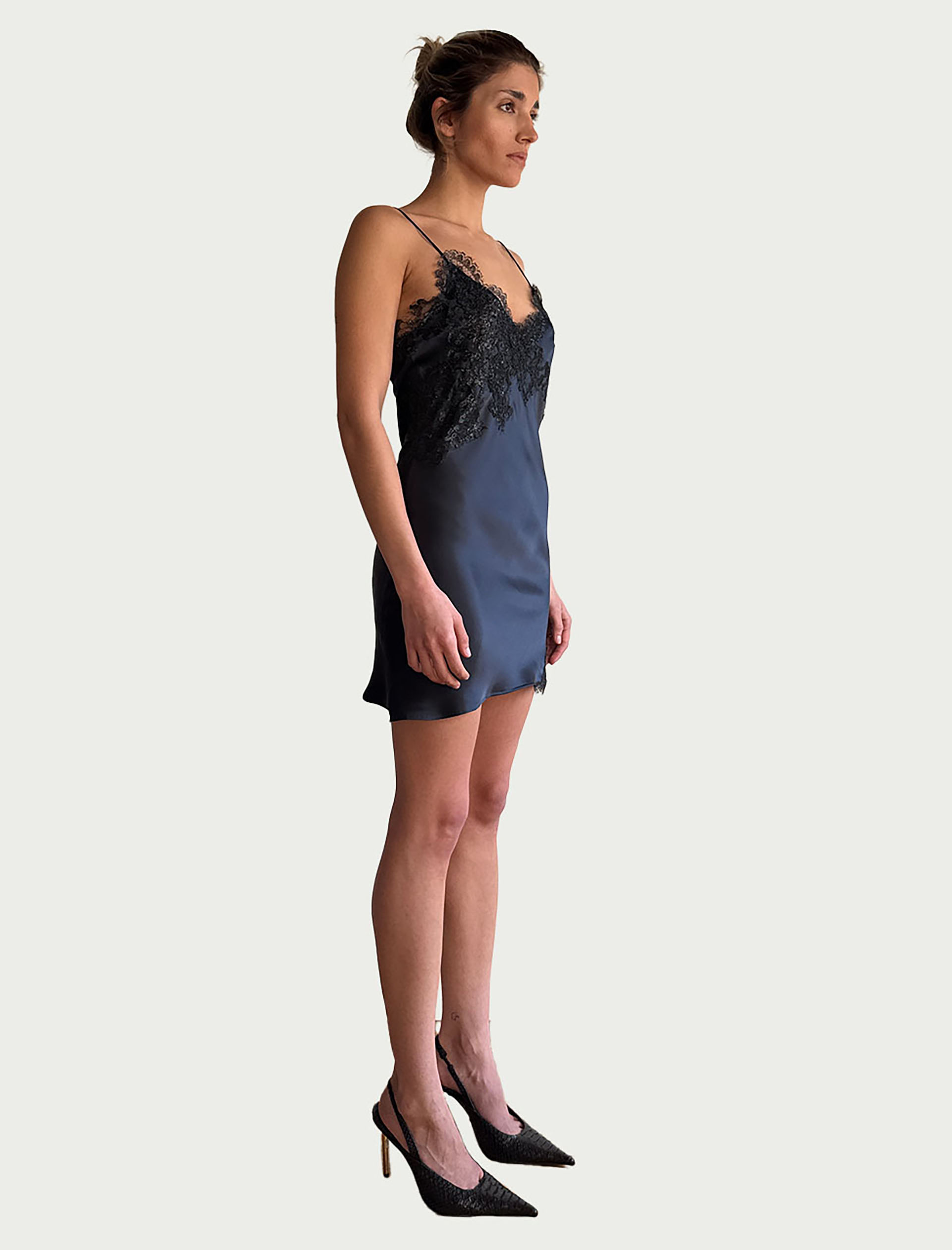 Myus FW26 Simone Slip Midi Dress, silk charmeuse and french lace