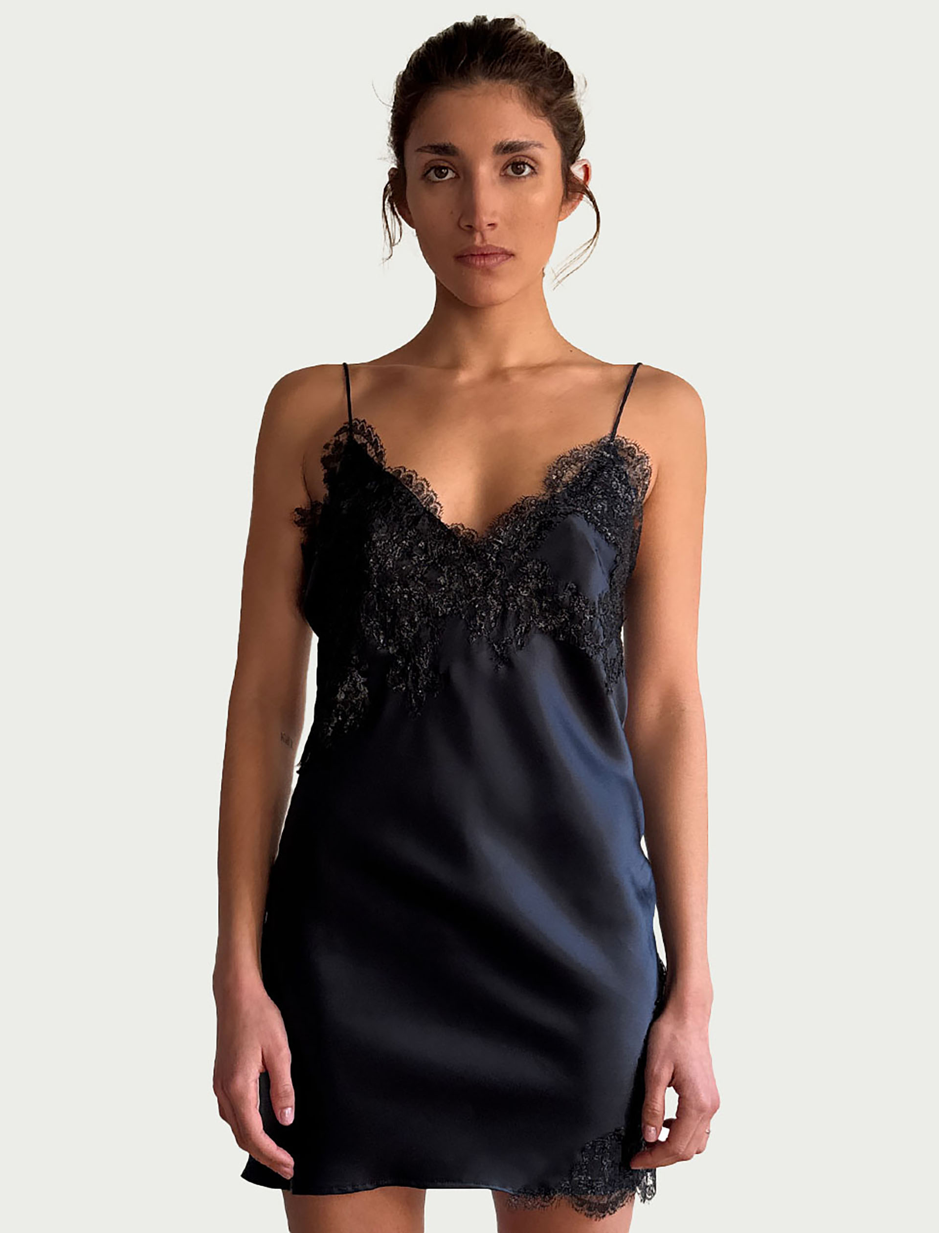 Myus FW26 Simone Slip Midi Dress, silk charmeuse and french lace