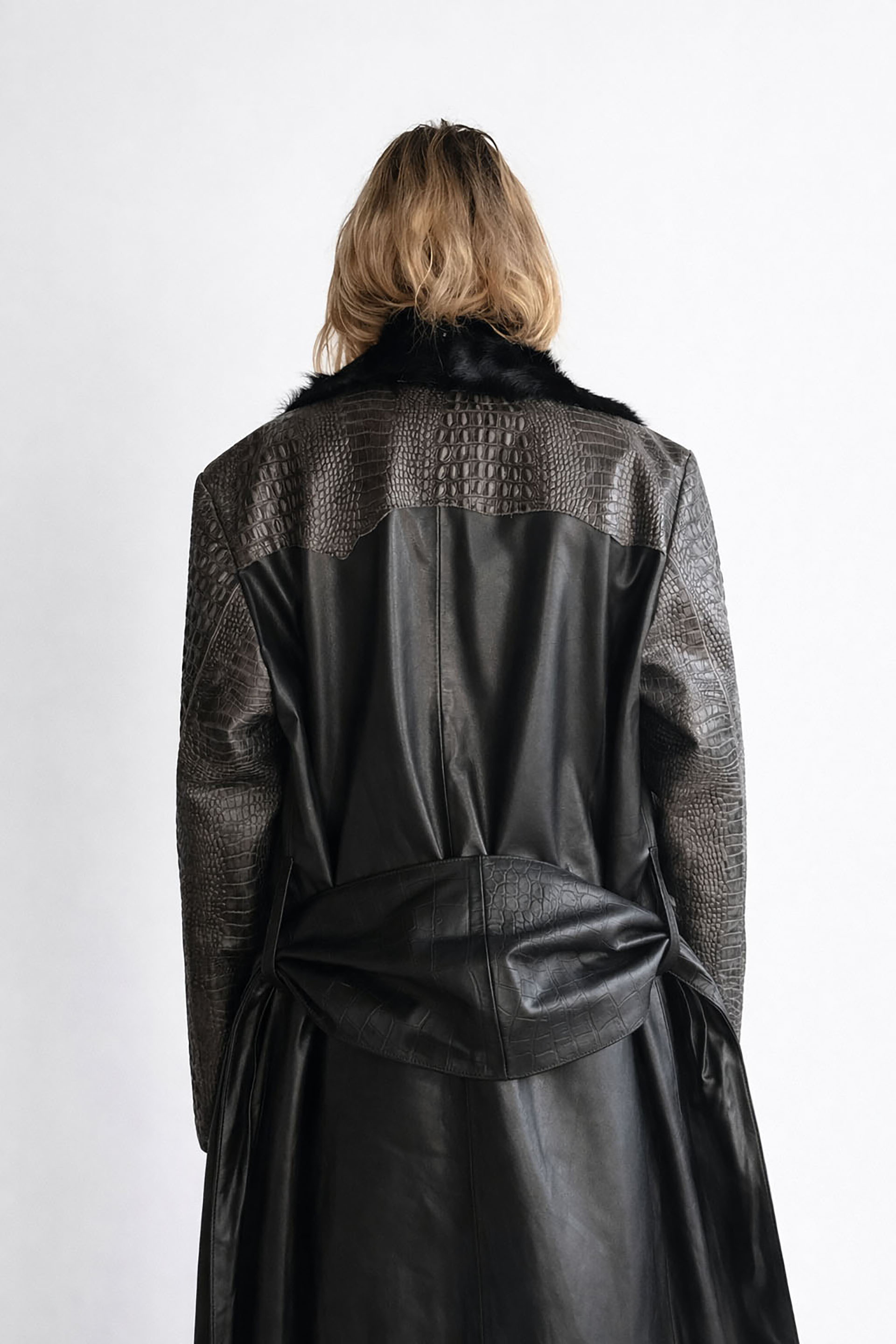 Myus FW26 Vesper Coat, two tone raw hide crocodile embossed calfskin leather and pony hair