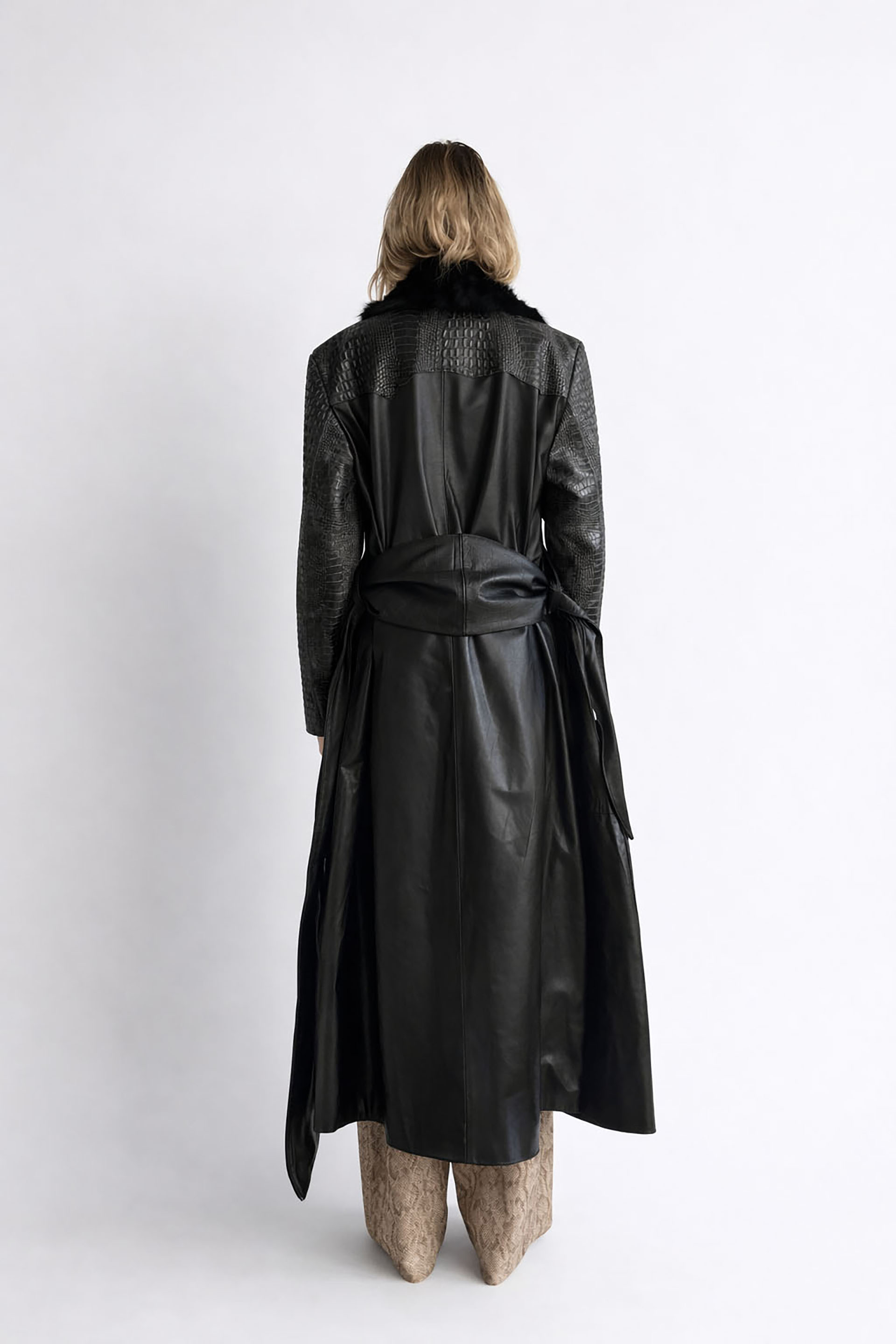 Myus FW26 Vesper Coat, two tone raw hide crocodile embossed calfskin leather and pony hair