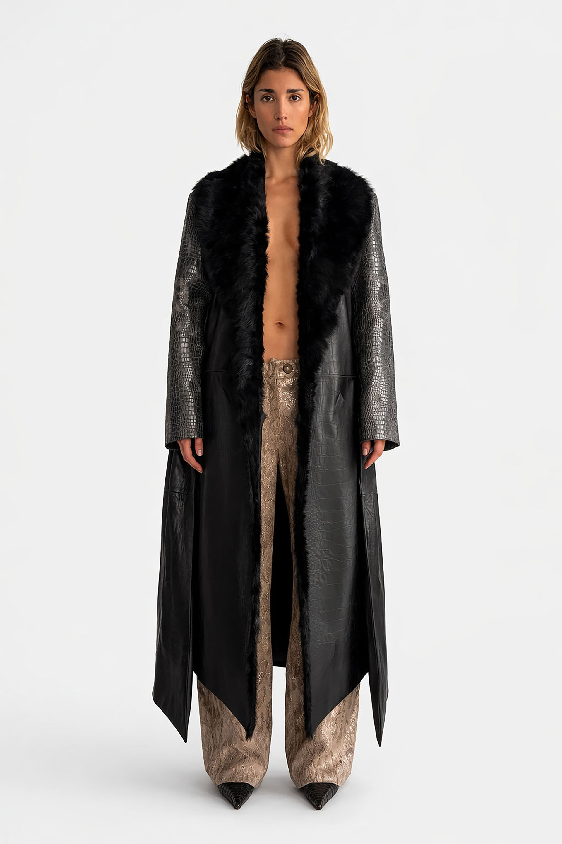 Myus FW26 Vesper Coat, two tone raw hide crocodile embossed calfskin leather and pony hair