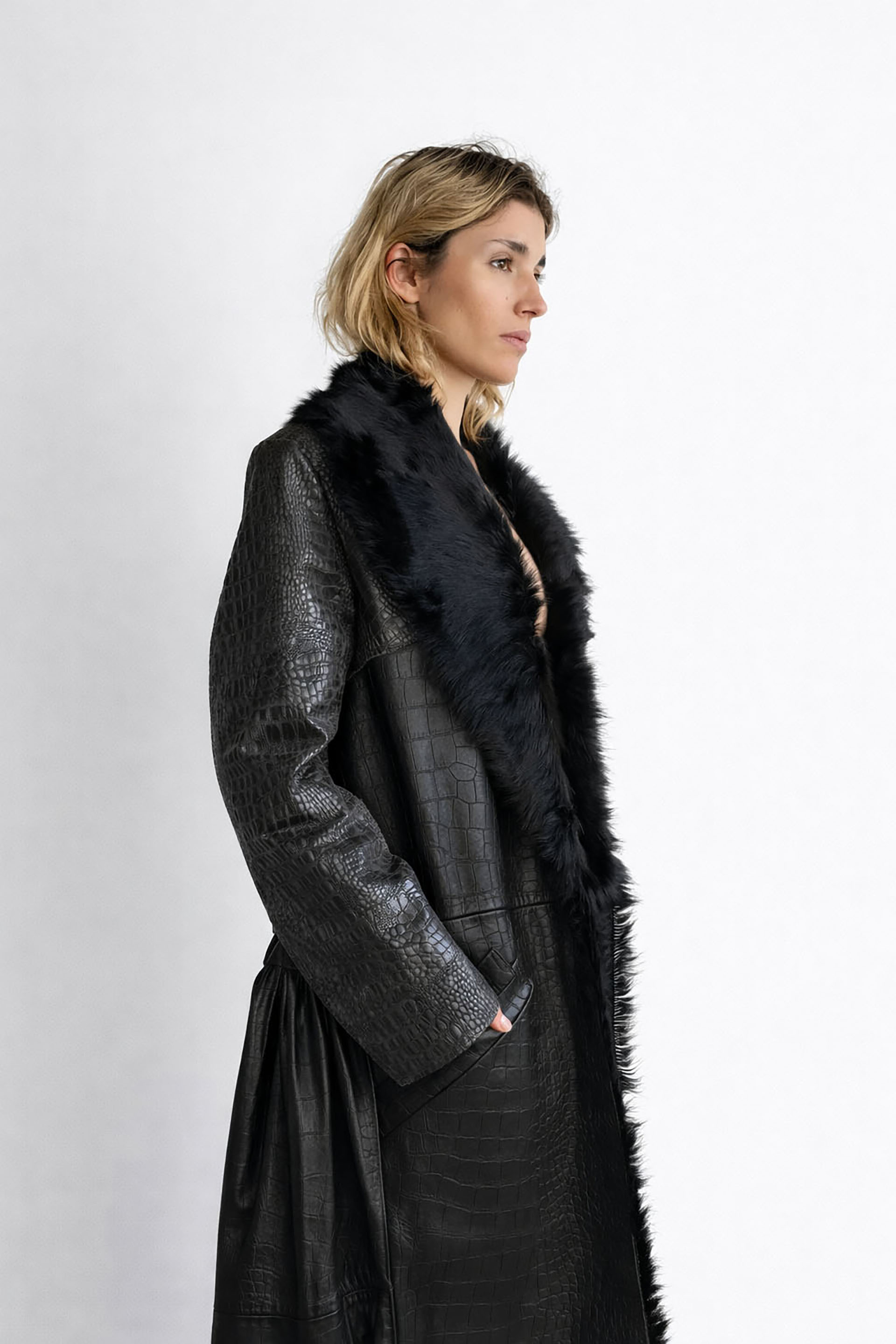 Myus FW26 Vesper Coat, two tone raw hide crocodile embossed calfskin leather and pony hair