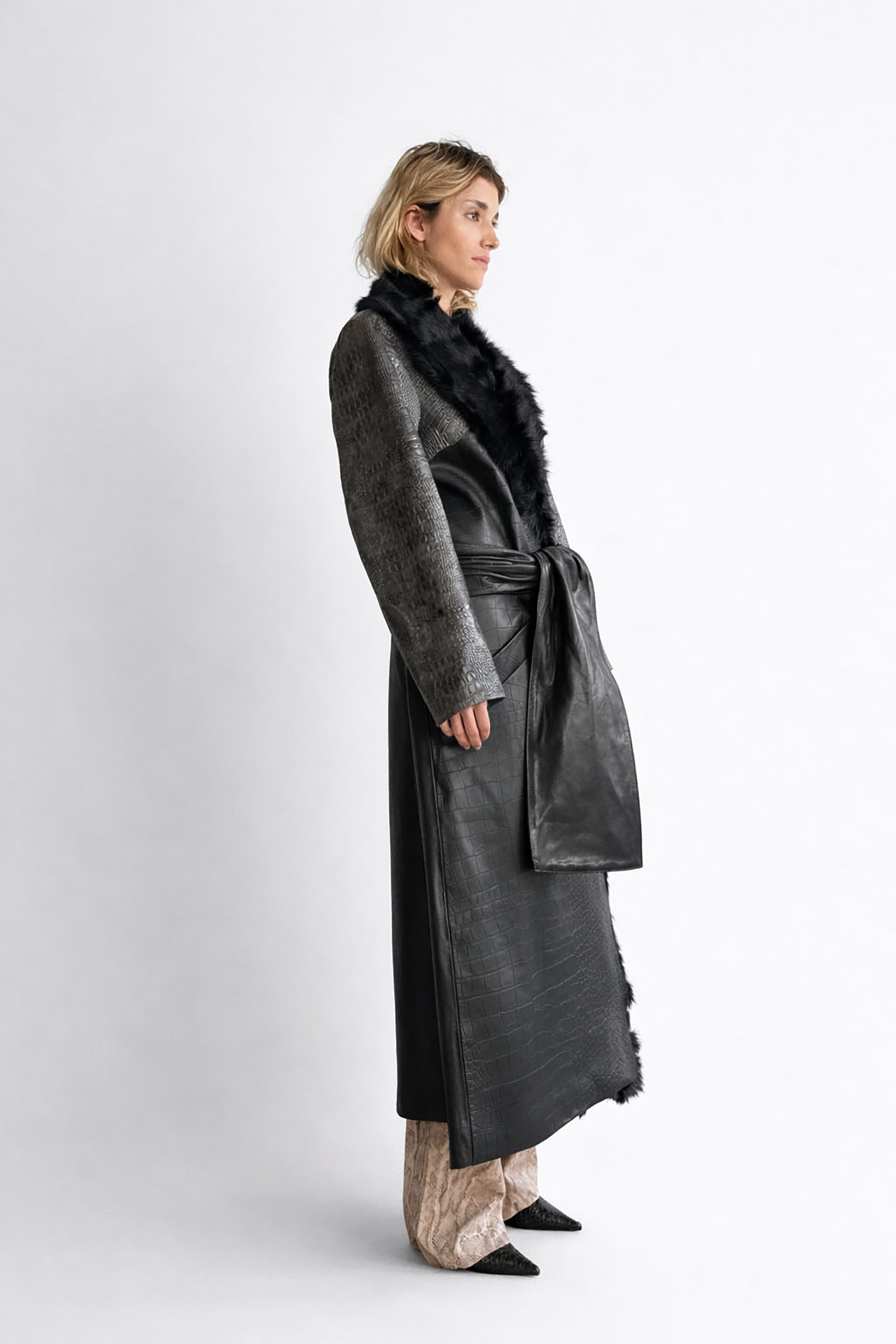 Myus FW26 Vesper Coat, two tone raw hide crocodile embossed calfskin leather and pony hair