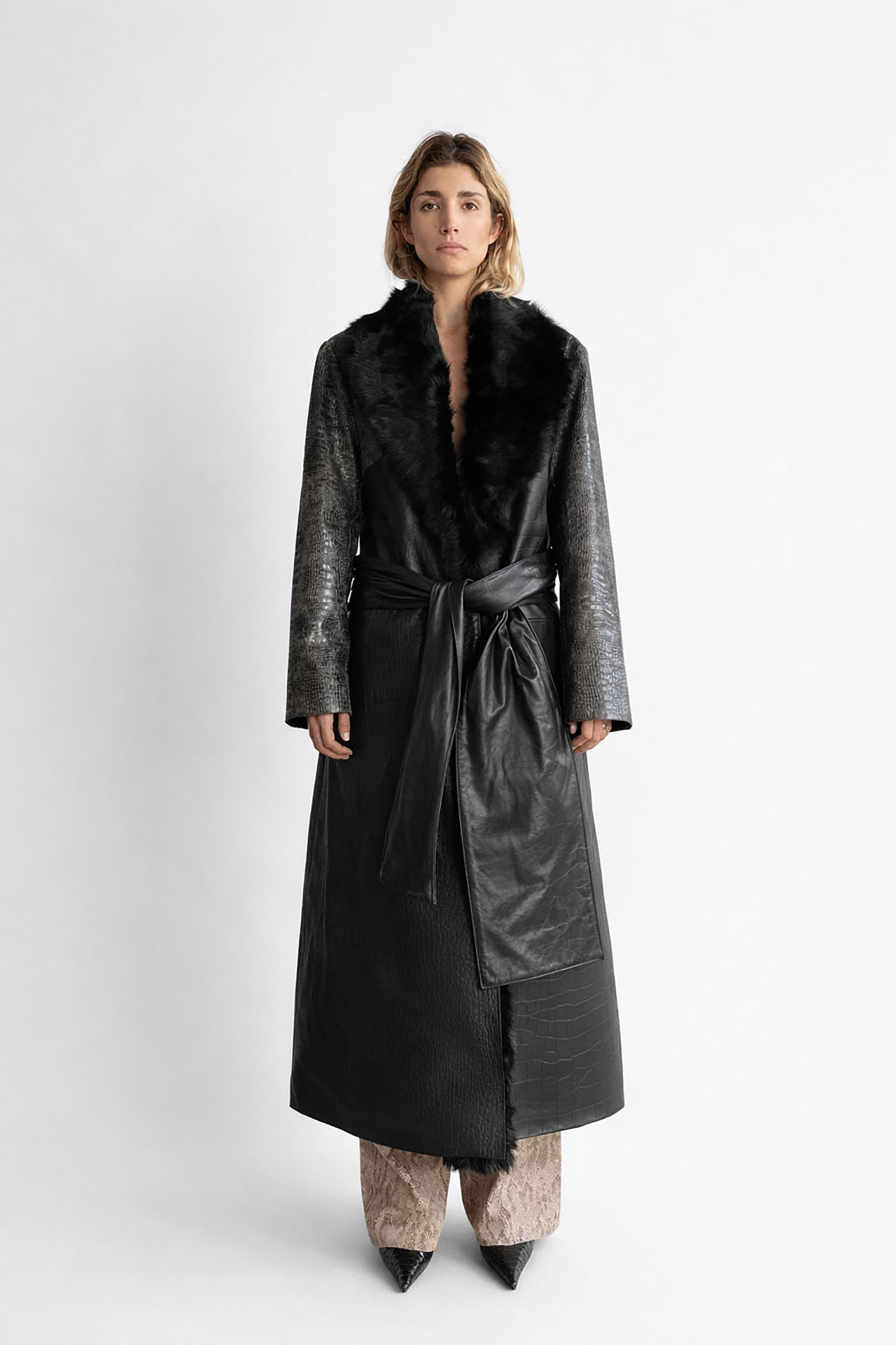 Myus Vesper Coat, two tone crocodile embossed calfskin leather, pony hair collar