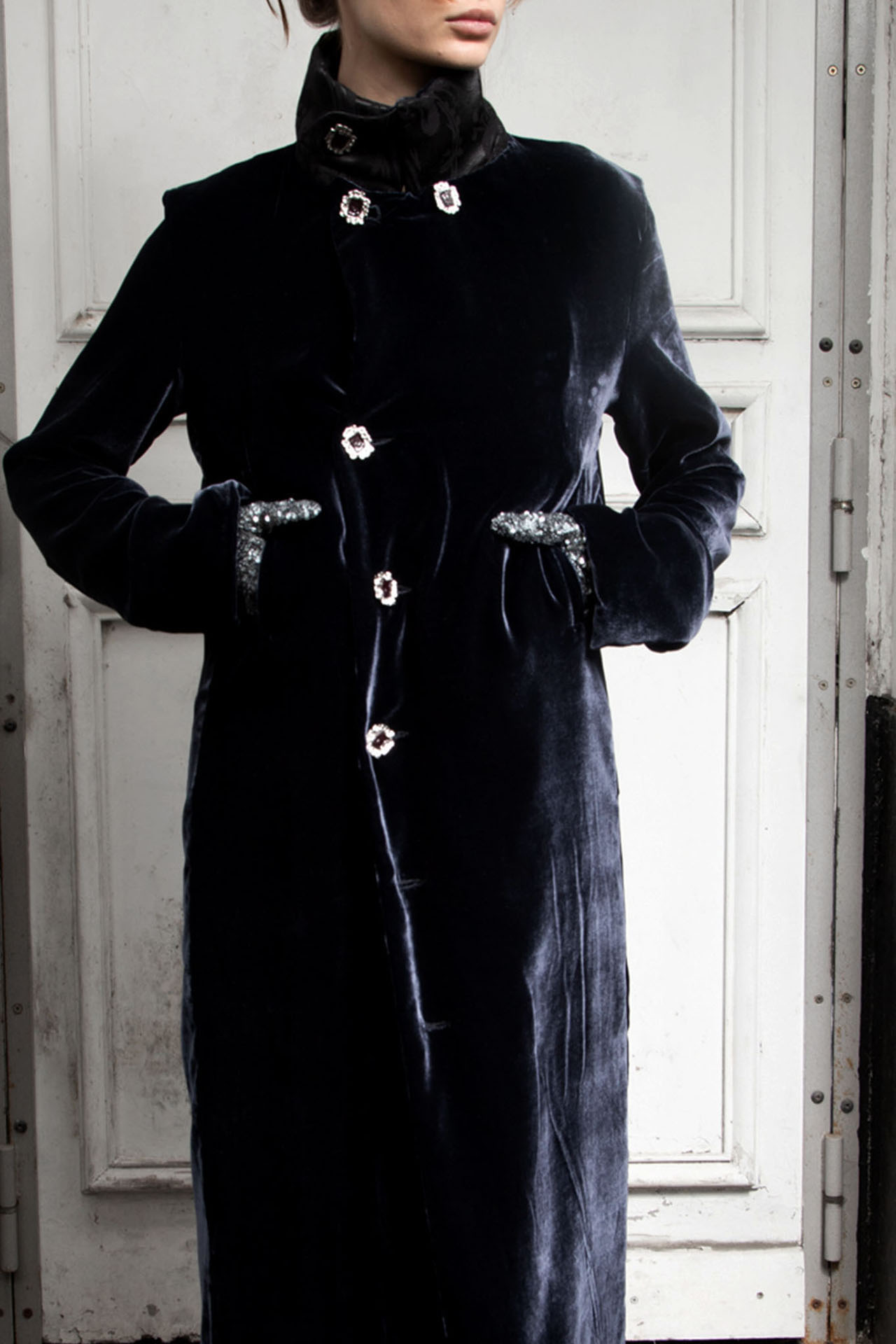 Myus Arden Evening Coat, mulberry silk velvet