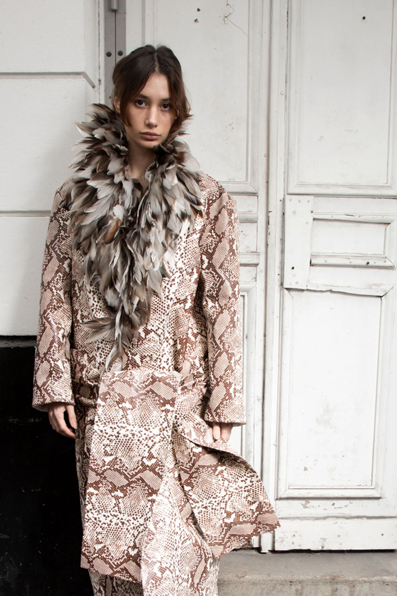 Myus Python Coat, python embossed calfskin leather handsewn guinea feathers