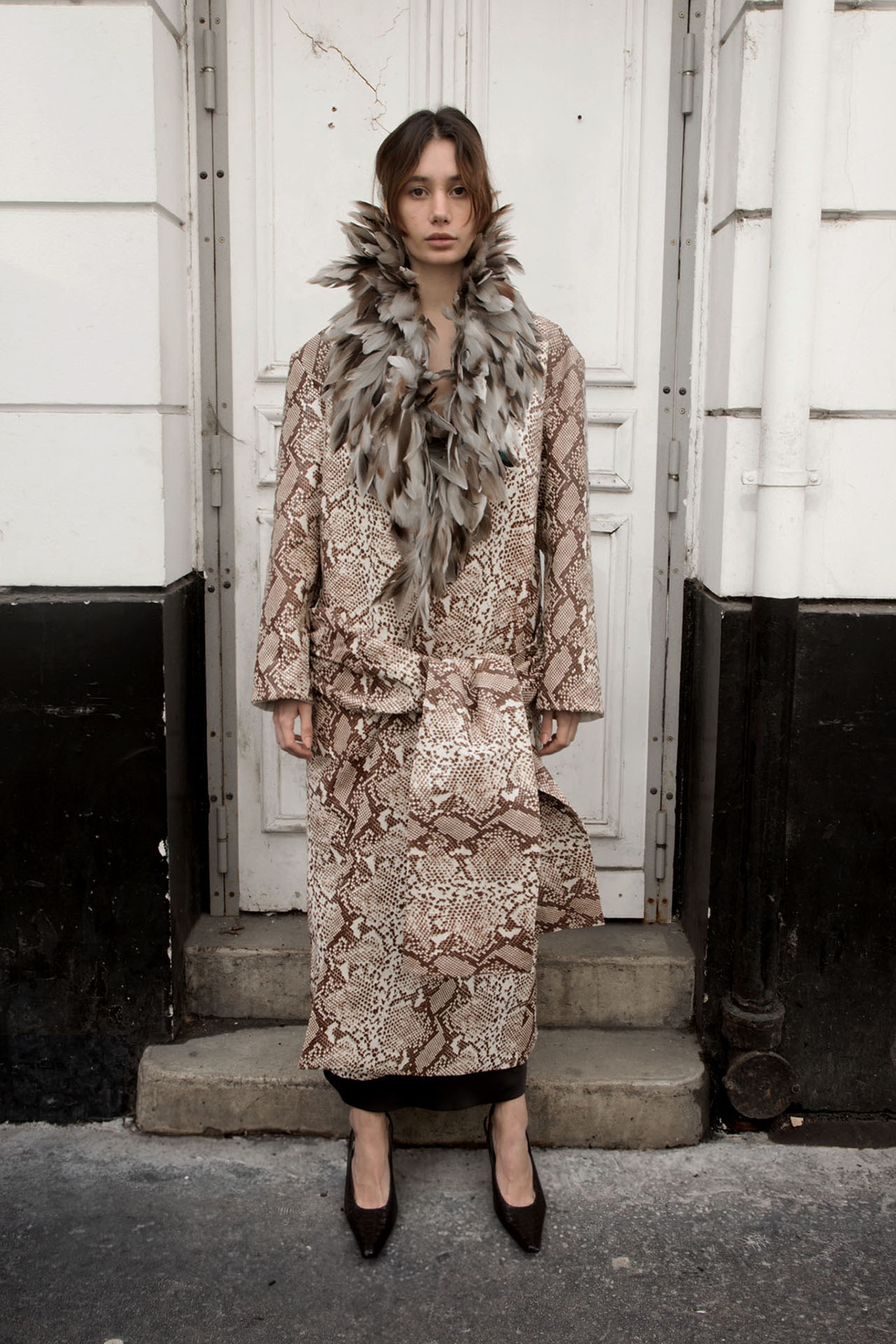 Myus Python Coat, python embossed calfskin leather handsewn guinea feathers