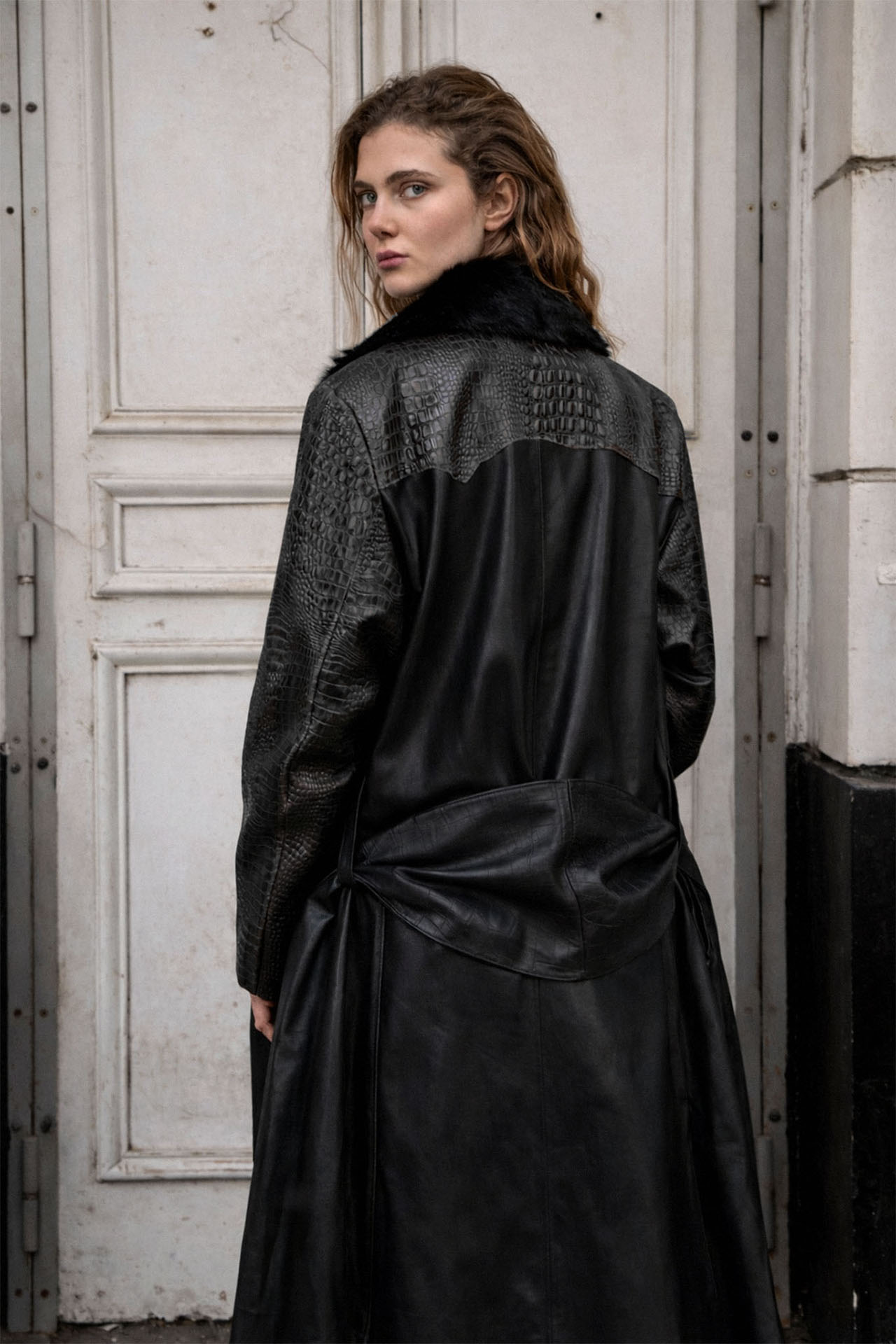 Myus Vesper Coat, two tone raw hide crocodile embossed calfskin leather and pony hair