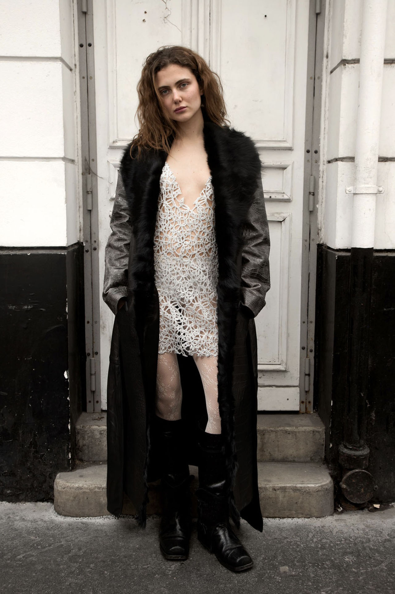 Myus Vesper Coat, two tone raw hide crocodile embossed calfskin leather and pony hair